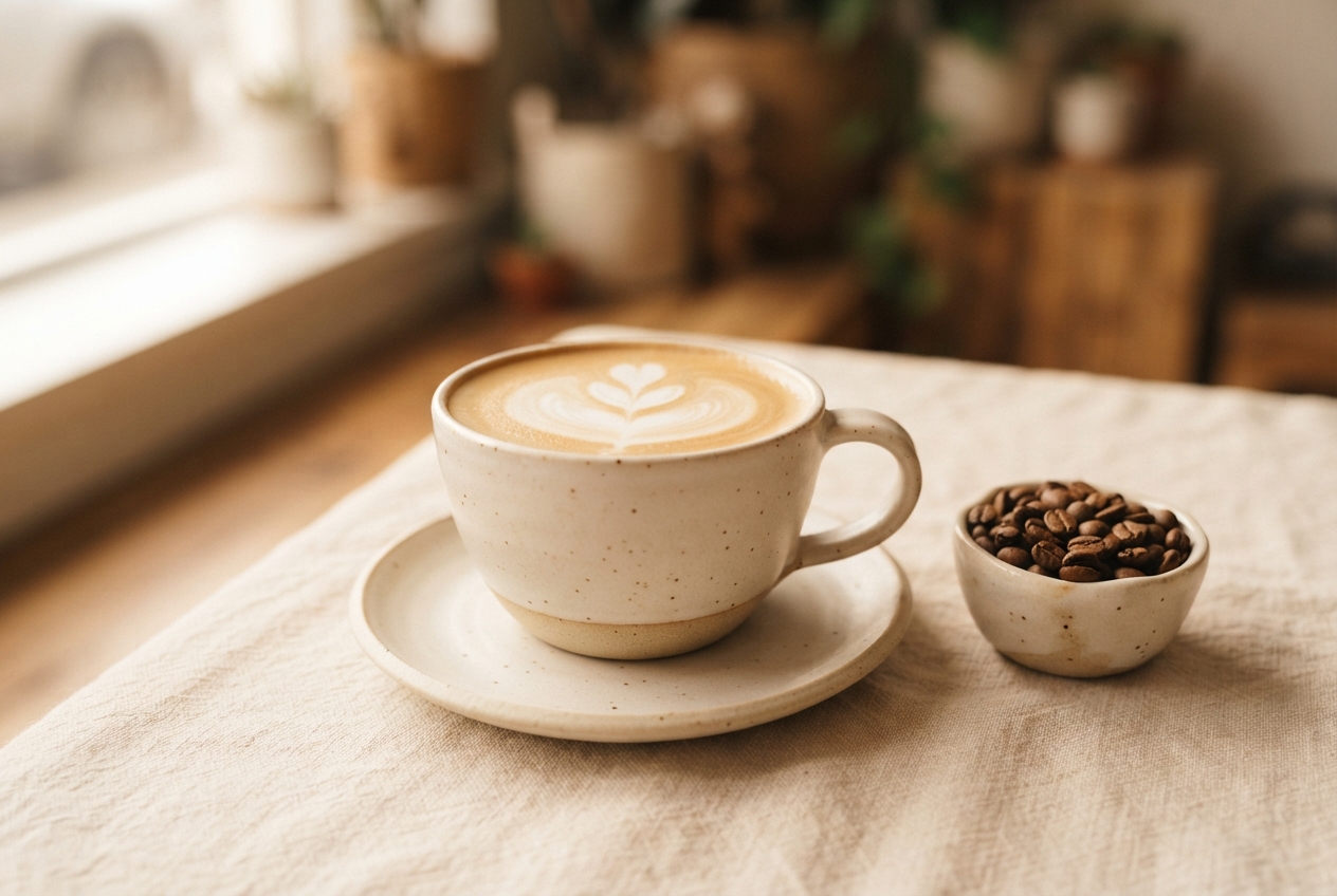 Latte with leaf-shaped foam art and a bowl of coffee beans on a saucer-covered table.