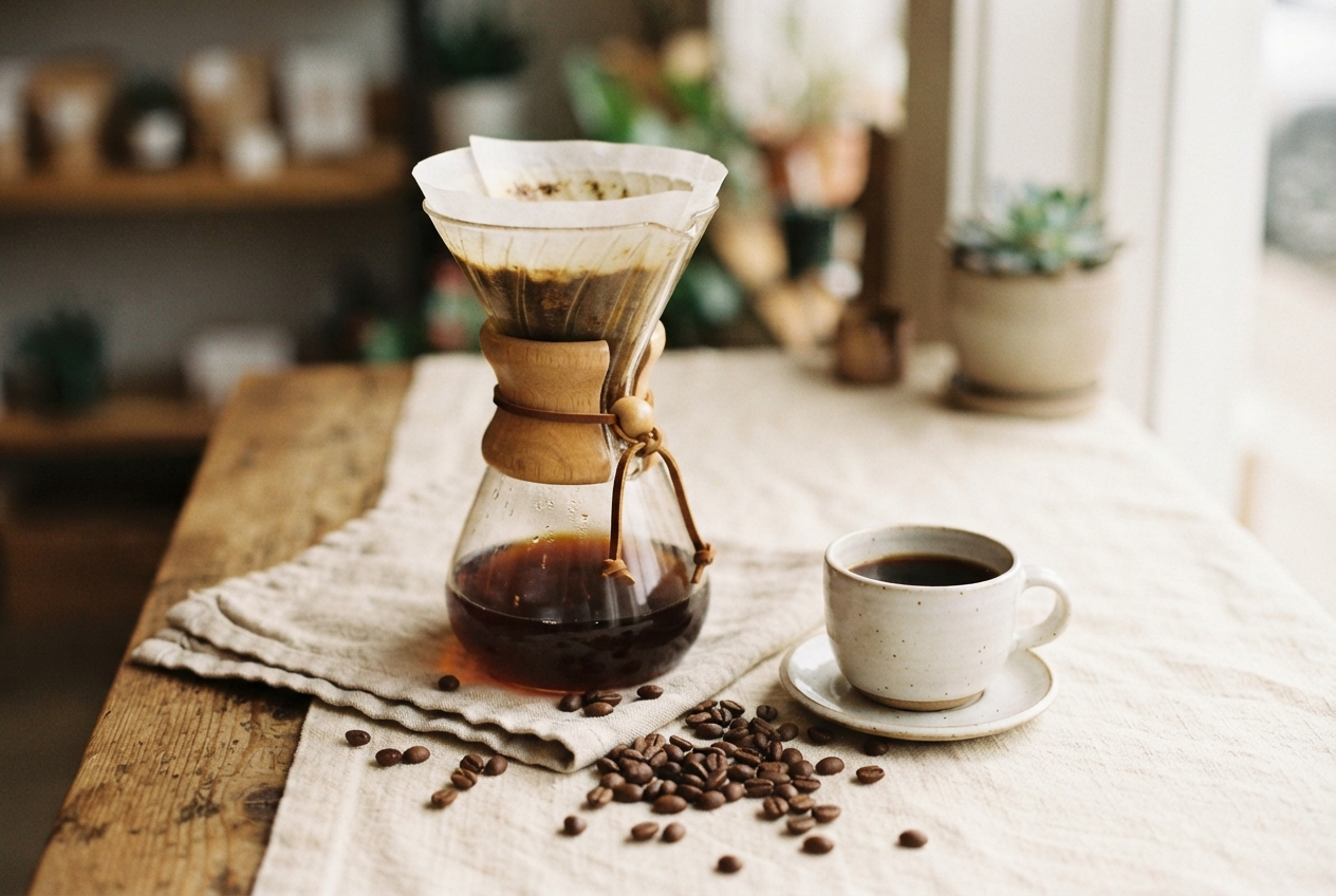 Pour-over coffee carafe, cup, scattered beans, and dripper on a linen-covered wooden table.