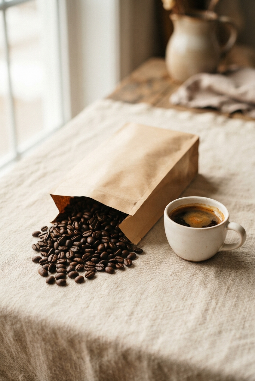 Open kraft coffee bag spilling roasted beans beside a cup of coffee on a cloth-covered surface.