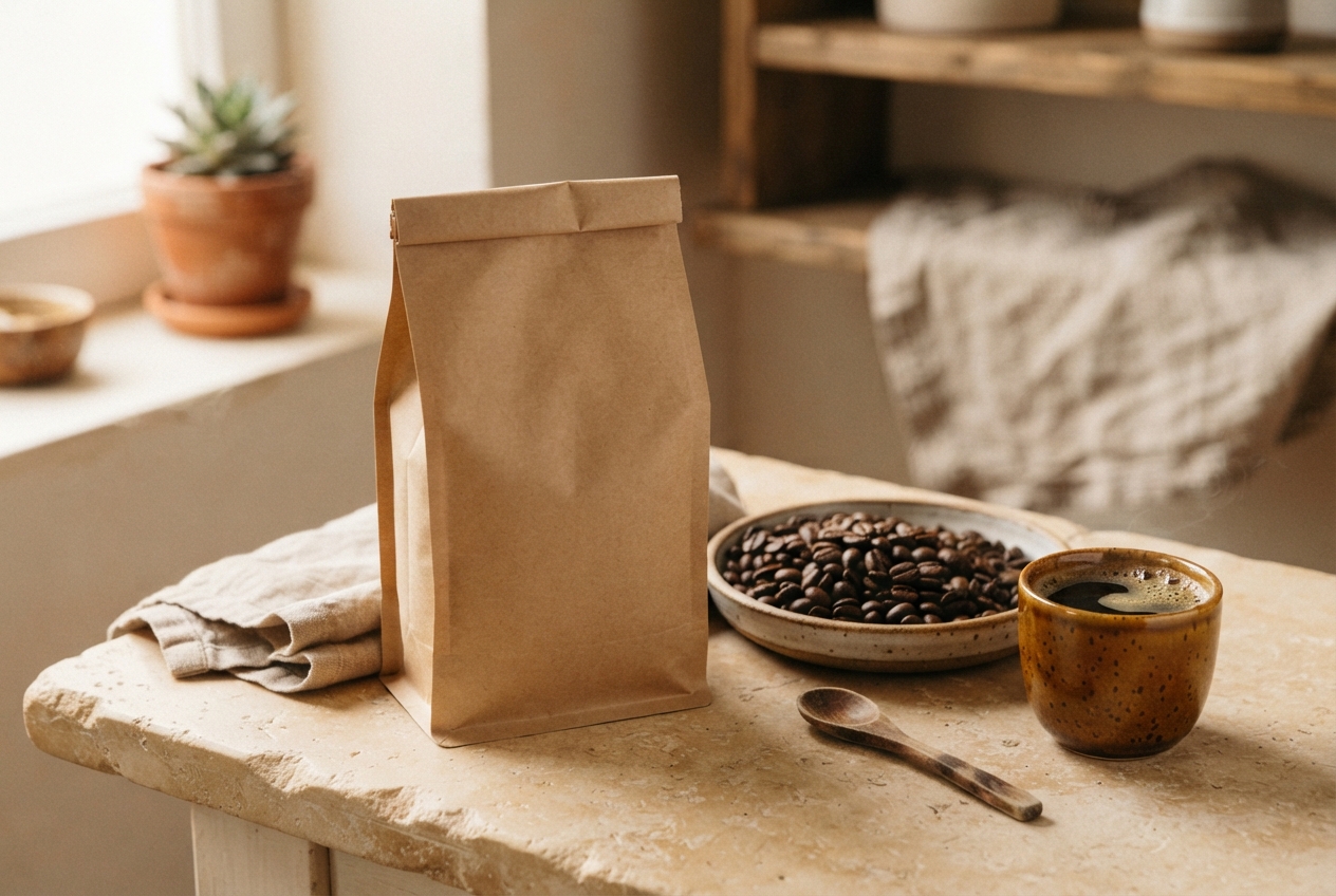 Unmarked kraft coffee pouch beside roasted beans, black coffee, and a wooden spoon on a rustic table.