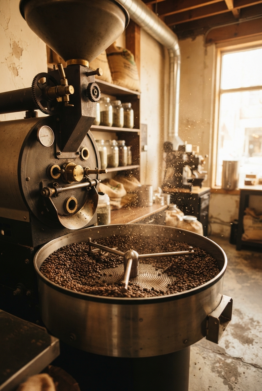 Industrial coffee roaster releasing chaff over roasted beans in a warmly lit workshop.