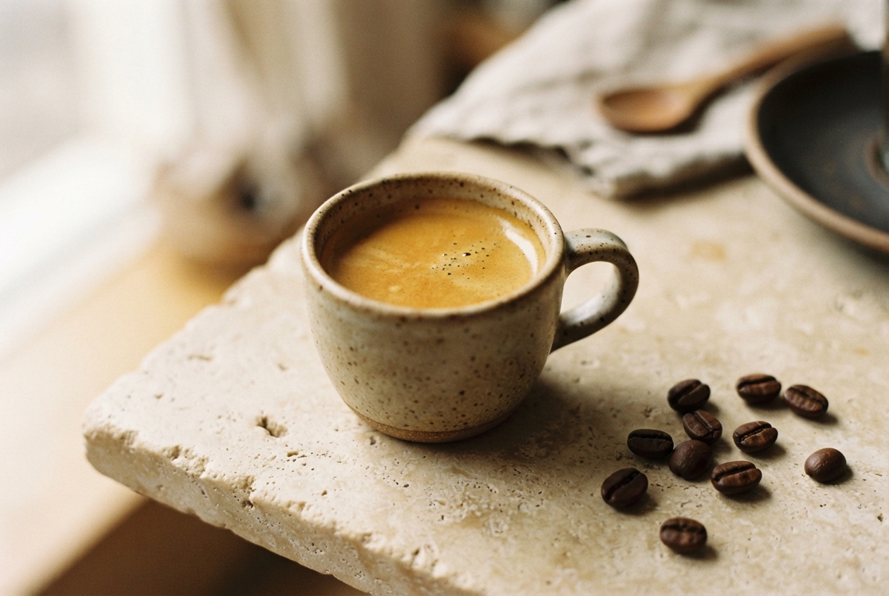 Speckled ceramic espresso cup on a rough stone table with scattered coffee beans.